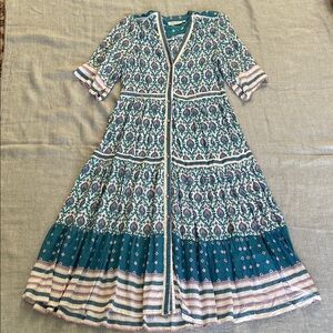 Boho Teal Patterned Button-Front Midi Dress